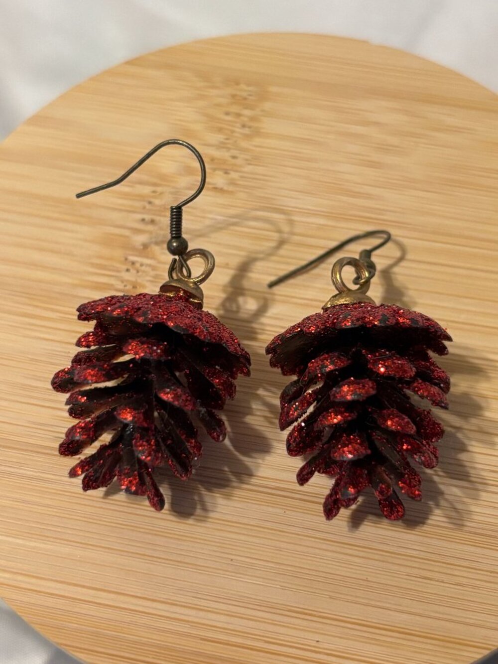 Red Glitter Pinecone Dangle Earrings Christmas Holiday Woodland Statement